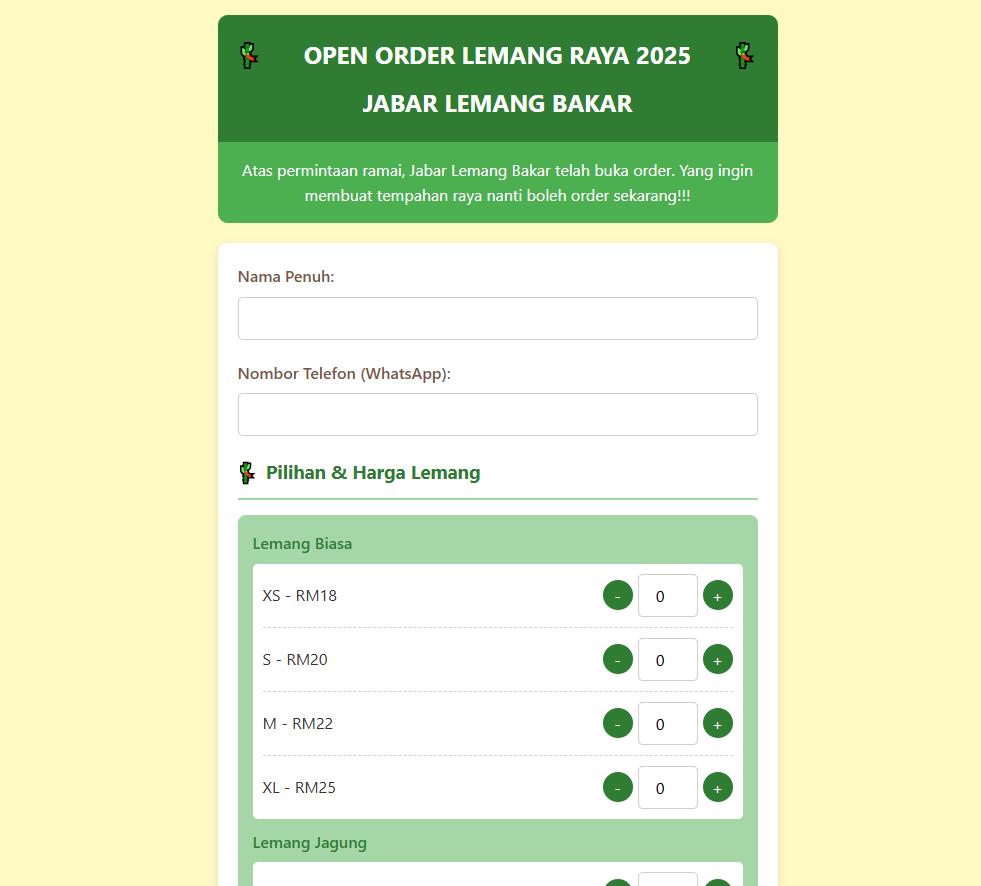 🍃 Lemang Bakar – Landing Page Tempahan Produk Tradisional